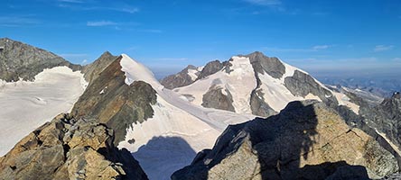 La cresta del Bellavista centrale dall'occidentale, sullo sfondo il Piz Bernina