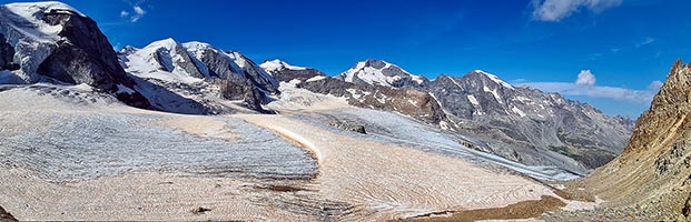 Panorama sui Palù e sui ghiacciai di Pers e di Morteratsch dalla forcella d'Arlas