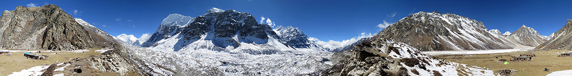 Panorama a 360° da Lhonak sul ghiacciaio che scende dalla parete nord del Kangchenjunga